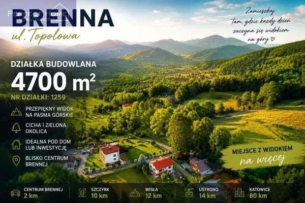 śląskie, cieszyński, Brenna, Topolowa, Brenna, działka  budowlana 4600 m2 z przepięknym widokiem na góry